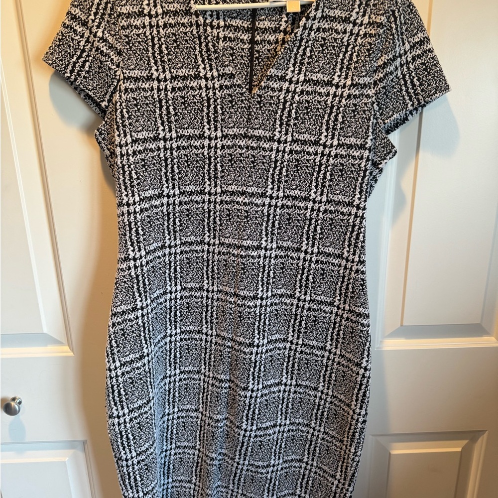 Michael Kors Black and White Plaid Midi Sheath Dress